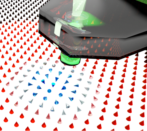 Illustration of a scanning diamond quantum sensor above a magnetic texture